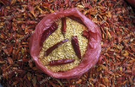 chili on the Market streets of Chongqing in the province of Sichuan in china in east asia. 