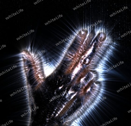 3D-Illustration of a glowing human female hand with a kirlian aura showing different symbols.