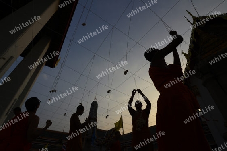 Moenche bei den Vorbereitungen auf die Neujahrsnacht Feier in der Tempelanlage des Wat Pho in der Hauptstadt Bangkok von Thailand in Suedostasien.