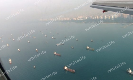 Landeanflug, Flug, auf, Singapore, Flugzeug, Meer, Schiffe, Transport