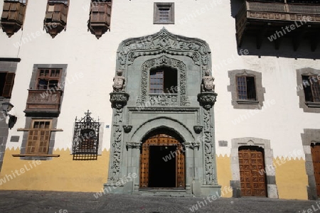 the Columbus House at the Plaza del Pilar Nuevo in the city Las Palmas on the Canary Island of Spain in the Atlantic ocean.