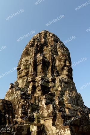 Stone Faces the Tempel Ruin of Angkor Thom in the Temple City of Angkor near the City of Siem Riep in the west of Cambodia.