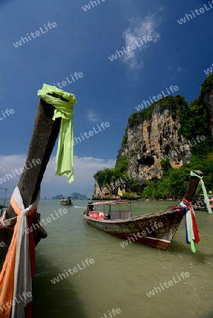 The Hat Tom Sai Beach at Railay near Ao Nang outside of the City of Krabi on the Andaman Sea in the south of Thailand. 