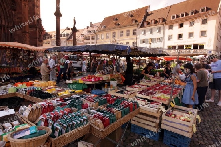 the market in the old town of Freiburg im Breisgau in the Blackforest in the south of Germany in Europe.