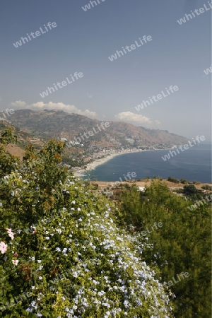 the coast of the old Town of  Taormina in Sicily in south Italy in Europe.