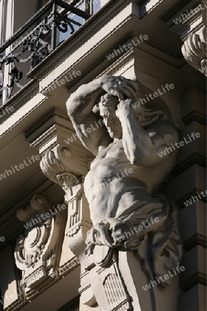 Europa, Osteuropa, Baltikum, Lettland, Riga, Hauptstadt, Neustadt, Jugenstil, Fassade, Haus, 
Ein Ausschnitt einer Jugenstil Fassade in der Neustadt von Riga der Hauptstadt von Lettland im Baltikum und Osteuropa.   