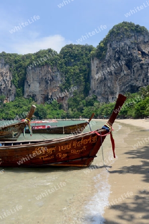 The Hat Tom Sai Beach at Railay near Ao Nang outside of the City of Krabi on the Andaman Sea in the south of Thailand. 