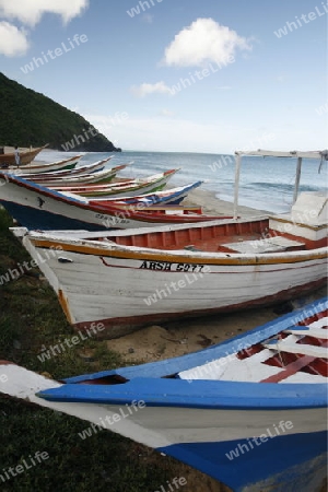 Suedamerika, Karibik, Venezuela, Isla Margarita, Manzanillo, Fischerboote am Strand des Fischerdorfes Manzanillo an der Karibik auf der Isla Margarita