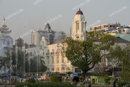 The Maha Bandoola Park with the AYA Bank in the City of Yangon in Myanmar in Southeastasia.