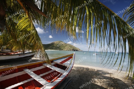 Suedamerika, Karibik, Venezuela, Isla Margarita, Pedro Gonzalez, Playa Pedro Gonzalez, Beach, Strand, Bucht, Fischerdorf, Fischerboot, Holzboot, Palmen, Ferien, Traumstrand, Idylle, Landschaft