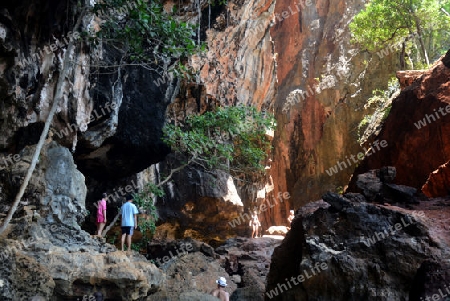 The Hat Phra Nang Beach at Railay near Ao Nang outside of the City of Krabi on the Andaman Sea in the south of Thailand. 