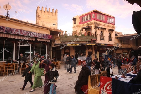 a smal Marketroad in the Medina of old City in the historical Town of Fes in Morocco in north Africa.