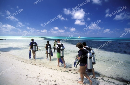 
Eine Tauchschule an der Insel Velavaru im Southmale Atoll auf den Inseln der Malediven im Indischen Ozean. 