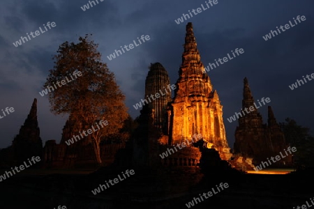 Der Wat Chai Wattanaram Tempel in der Tempelstadt Ayutthaya noerdlich von Bangkok in Thailand.