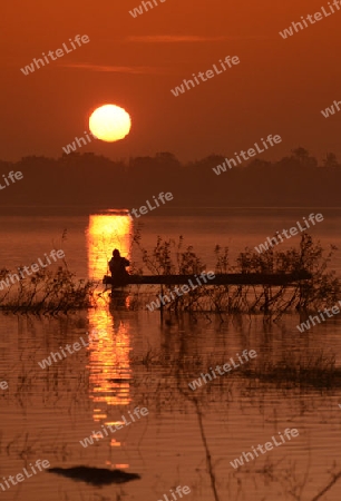 Ein Fischer auf dem See in Amnat Charoen im Isan im osten von Thailand,