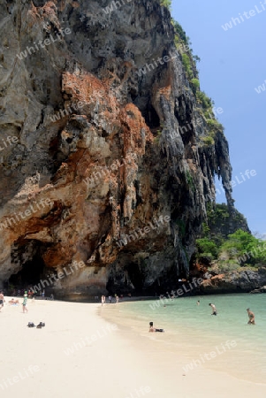 The Hat Phra Nang Beach at Railay near Ao Nang outside of the City of Krabi on the Andaman Sea in the south of Thailand. 