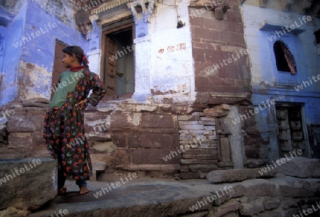 the blue city in the old town of Jodhpur in Rajasthan in India.