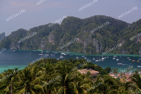 The view from the Viewpoint on the Town of Ko PhiPhi on Ko Phi Phi Island outside of the City of Krabi on the Andaman Sea in the south of Thailand. 