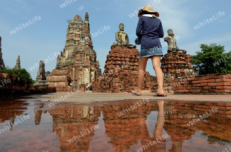 The Wat Chai Wattanaram Temple in City of Ayutthaya in the north of Bangkok in Thailand, Southeastasia.