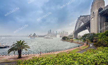 Sydney at rain with Harbor Bridge New South Wales Australia