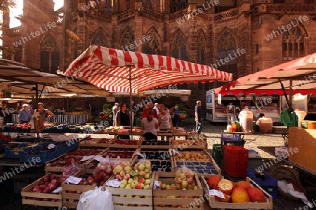 the market in the old town of Freiburg im Breisgau in the Blackforest in the south of Germany in Europe.