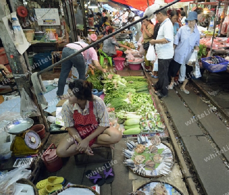 the Maeklong Railway Markt at the Maeklong railway station  near the city of Bangkok in Thailand in Suedostasien.