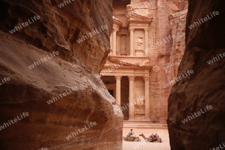 The Al Khazneh Treasury in the Temple city of Petra in Jordan in the middle east.