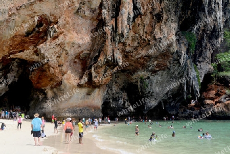 The Hat Phra Nang Beach at Railay near Ao Nang outside of the City of Krabi on the Andaman Sea in the south of Thailand. 