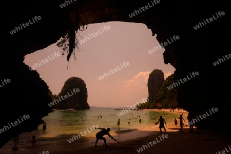 The Hat Phra Nang Beach at Railay near Ao Nang outside of the City of Krabi on the Andaman Sea in the south of Thailand. 