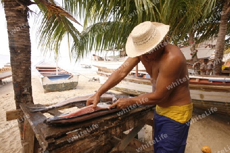 Suedamerika, Karibik, Venezuela, Isla Margarita, Juangriego, Ein Fischer am Strand des Fischerdorfes Juangriego an der Karibik auf der Isla Margarita.