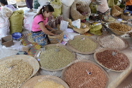 the market at the Village of Phaung Daw Oo at the Inle Lake in the Shan State in the east of Myanmar in Southeastasia.