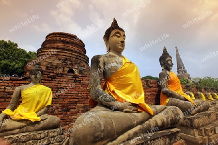 Der Wat Yai Chai Tempel in der Tempelstadt Ayutthaya noerdlich von Bangkok in Thailand.  