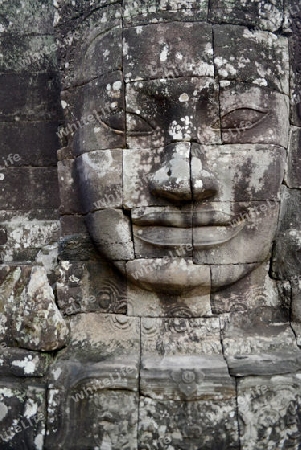 Stone Faces the Tempel Ruin of Angkor Thom in the Temple City of Angkor near the City of Siem Riep in the west of Cambodia.