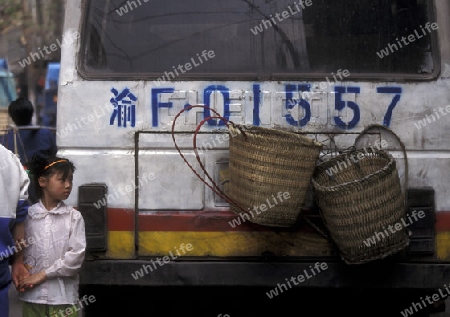 a bus in the village of fengjie at the yangzee river in the three gorges valley up of the three gorges dam project in the province of hubei in china.