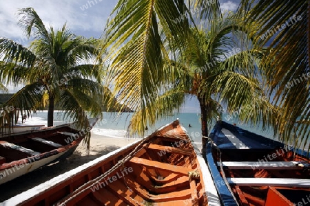 Suedamerika, Karibik, Venezuela, Isla Margarita, Pedro Gonzalez, Playa Pedro Gonzalez, Beach, Strand, Bucht, Fischerdorf, Fischerboot, Holzboot, Palmen, Ferien, Traumstrand, Idylle, Landschaft