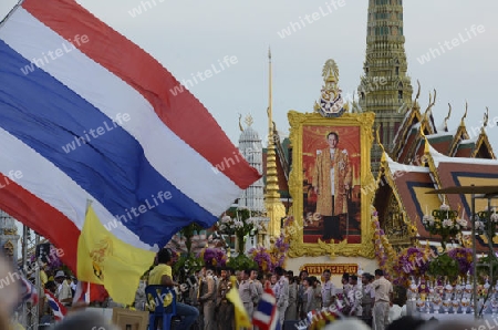 Tausende von Thailaender zelebrieren den Kroenungstag des Koenig Bhumibol auf dem Sanam Luang Park vor dem Wat Phra Kaew in der Stadt Bangkok in Thailand in Suedostasien.  