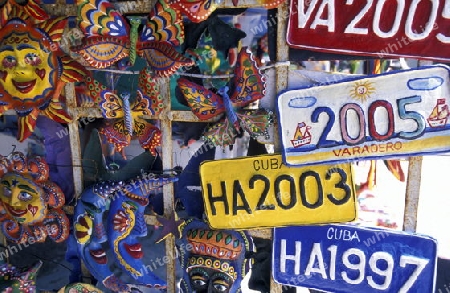 a souvenier shop the old town of the city Havana on Cuba in the caribbean sea.