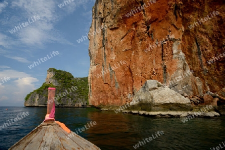 a Boat on the way to Maya Beach  near the Ko Phi Phi Island outside of the City of Krabi on the Andaman Sea in the south of Thailand. 