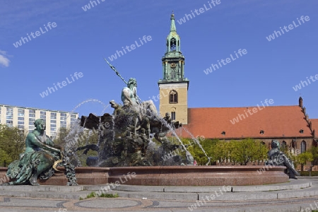 Neptunbrunnen am Alexanderplatz, im Hintergrund die Marienkirche, Berlin, Deutschland, Europa, oeffentlicherGrund