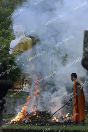 Der untere Teil des Tempel Wat Phra That Doi Kong Mu ueber dem Dorf Mae Hong Son im norden von Thailand in Suedostasien.