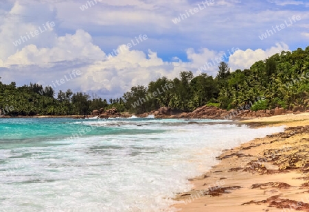 Sunny day beach view on the paradise islands Seychelles.