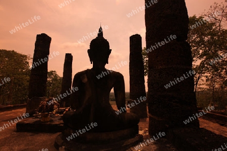 Eine Buddha Figur auf dem Wat Saphan HinTempel in der Tempelanlage von Alt-Sukhothai in der Provinz Sukhothai im Norden von Thailand in Suedostasien.