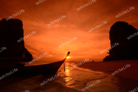 The Hat Phra Nang Beach at Railay near Ao Nang outside of the City of Krabi on the Andaman Sea in the south of Thailand. 