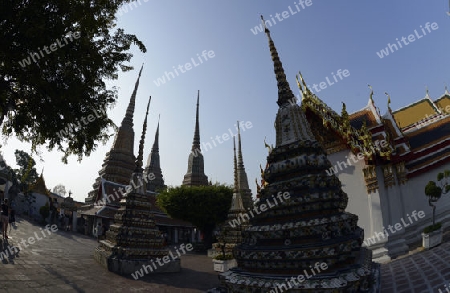 Die Tempelanlage des Wat Pho in der Hauptstadt Bangkok von Thailand in Suedostasien.