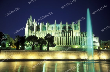 Die Kathedrale La Seu in der Hauptstadt Palma de Mallorca auf der Insel Mallorca im Mittelmeer in Spanien.