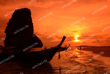 The Hat Phra Nang Beach at Railay near Ao Nang outside of the City of Krabi on the Andaman Sea in the south of Thailand. 