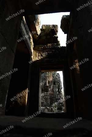 Stone Faces the Tempel Ruin of Angkor Thom in the Temple City of Angkor near the City of Siem Riep in the west of Cambodia.