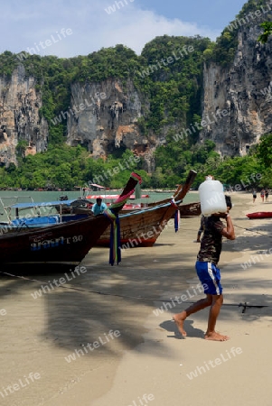 The Hat Tom Sai Beach at Railay near Ao Nang outside of the City of Krabi on the Andaman Sea in the south of Thailand. 