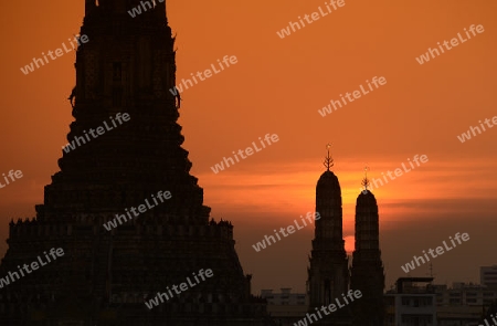 Die Tempelanlage des Wat Arun am Mae Nam Chao Phraya River in der Hauptstadt Bangkok von Thailand in Suedostasien.