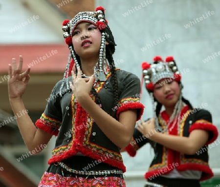 Traditionelle Taenzerinnen tanzen beim Wat Phra That Doi Suthep Tempel in Chiang Mai im Norden von Thailand. 